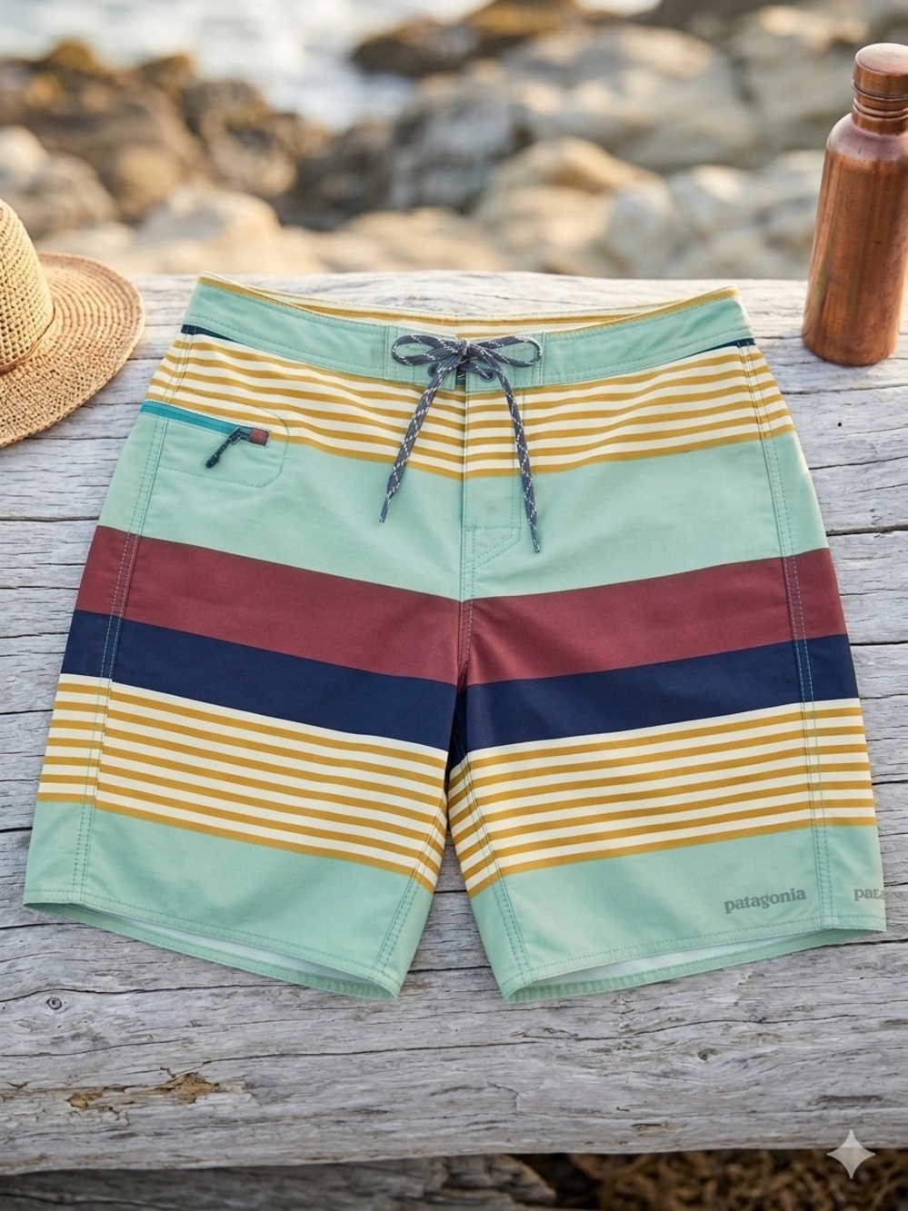 Patagonia Mint Green Striped Men’s Boardshorts with Burgundy & Navy Bands